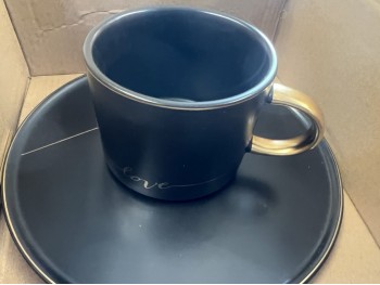 MUG WITH SAUCER AND SPON BLACK AND GOLD  8.00 OUNCE